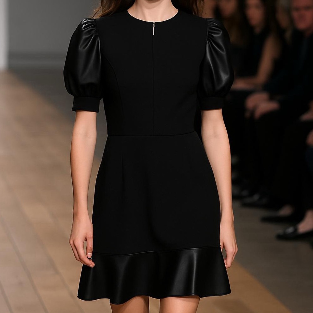 Michael Kors Women’s Black Mini Dress with Faux Leather Cap Sleeves & Hem! NEW!